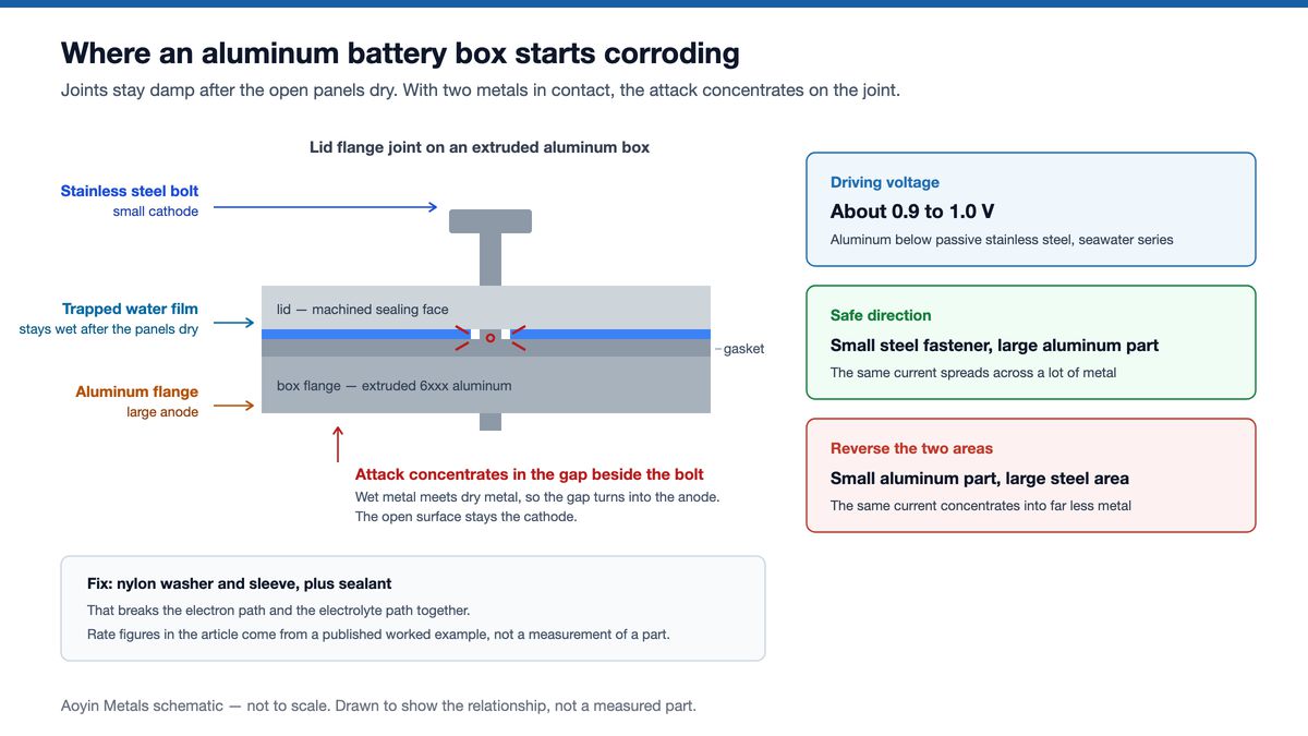 Schematic cross-section of an aluminum battery box lid flange with a stainless steel bolt, trapped moisture in the joint gap, and corrosion at the bolt hole