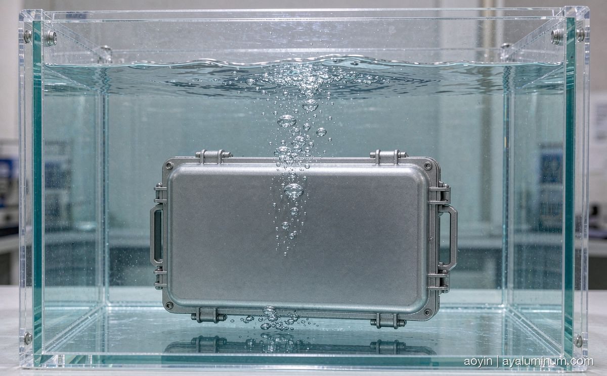 Aluminum battery box held under water in a tank during an ingress protection immersion test