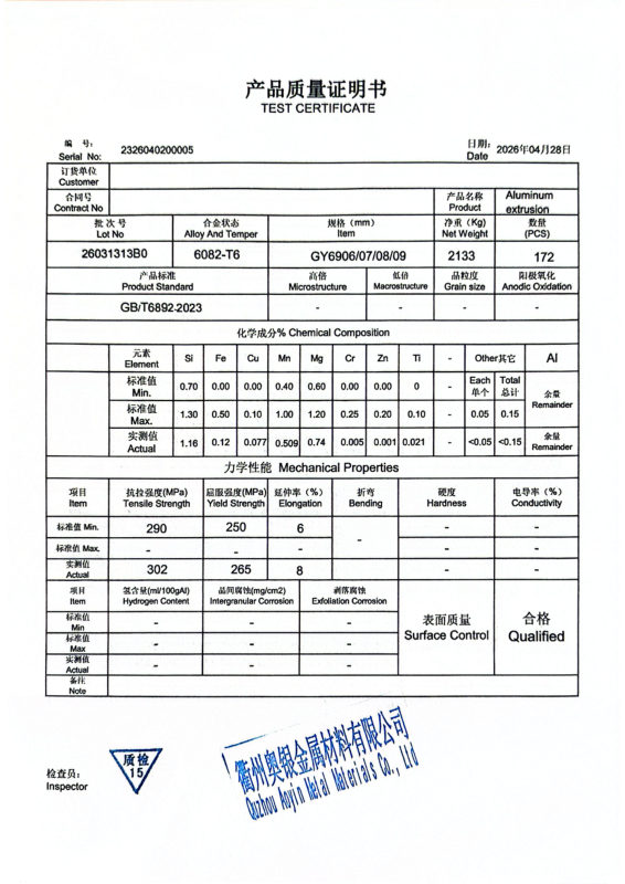 6082-T6 Aluminum Extrusion Mill Test Certificate