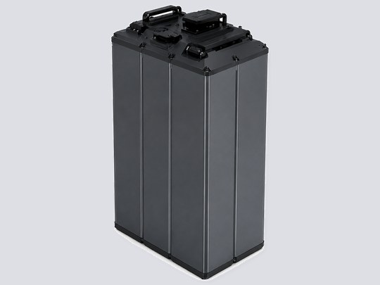 Custom extruded aluminum battery housing with integrated top handles and anodized aluminum side panels for EV battery packs
